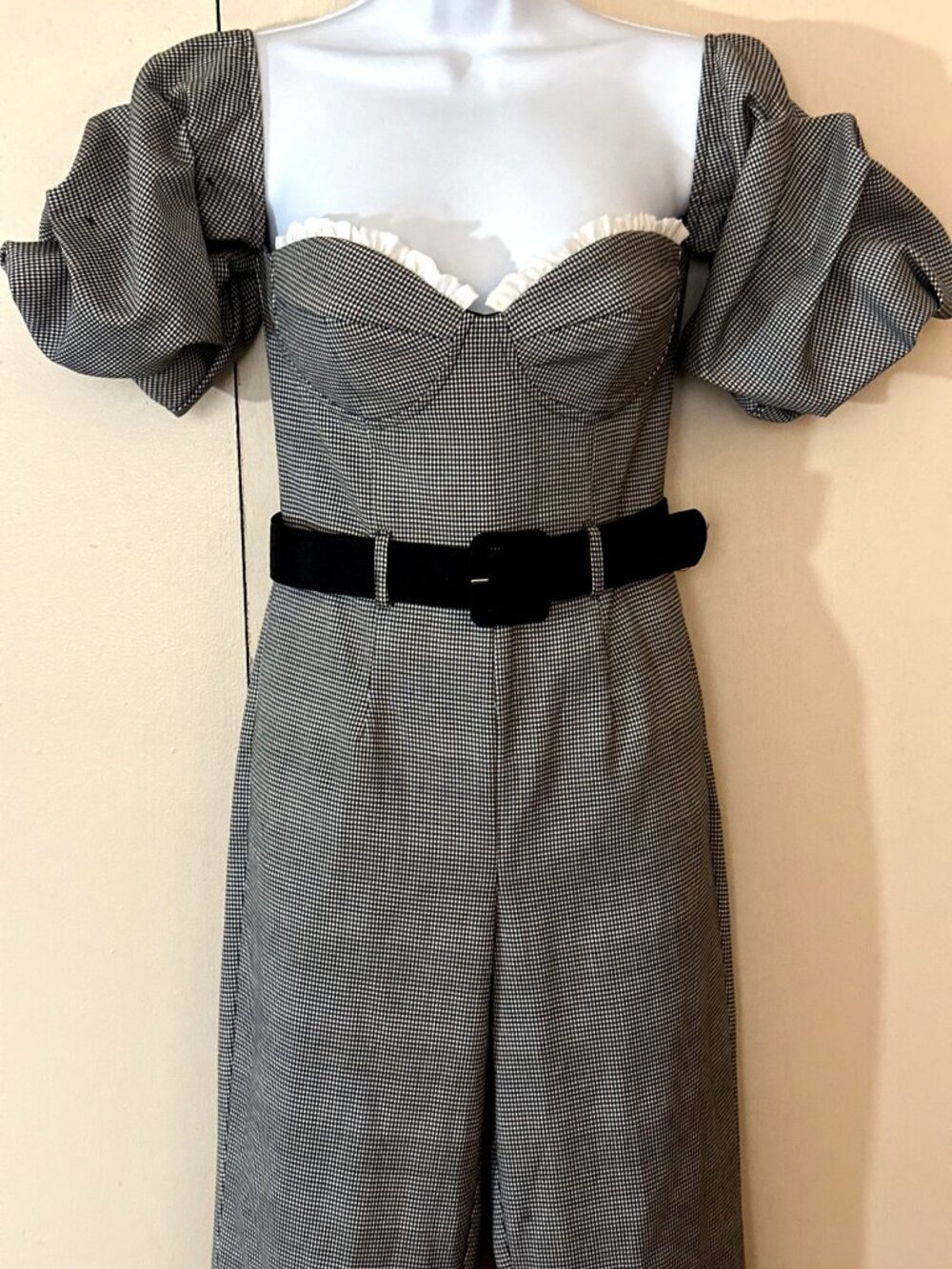 Houndstooth Off-Shoulder Jumpsuit XS Puff Sleeve Sweetheart Milkmaid Slim Fit - Picture 5 of 13